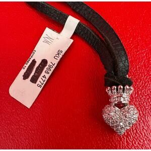 Queen Baby 3D Sterling Silver Paved Heart Sterling Silver Black Leather Necklace